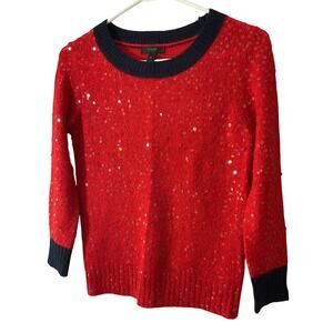 J.Crew $98 XS Red Allover Sequin Wool Mohair Black Trim Sweater